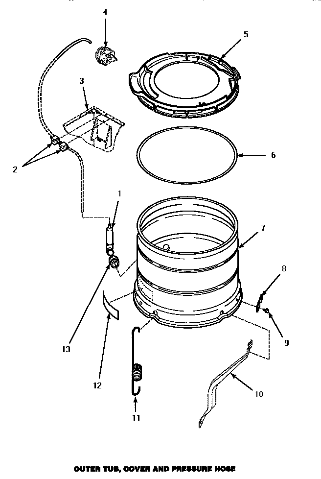 Outer Tub, Cover & Pressure Hose Diagram and Parts List for LW1000W P1177501WW Amana Washer