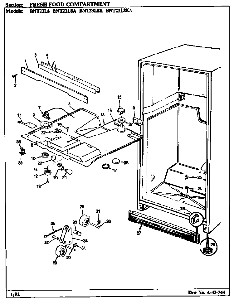 Fresh Food Compartment Diagram and Parts List for BNT23L8K BL91A Maytag Refrigerator