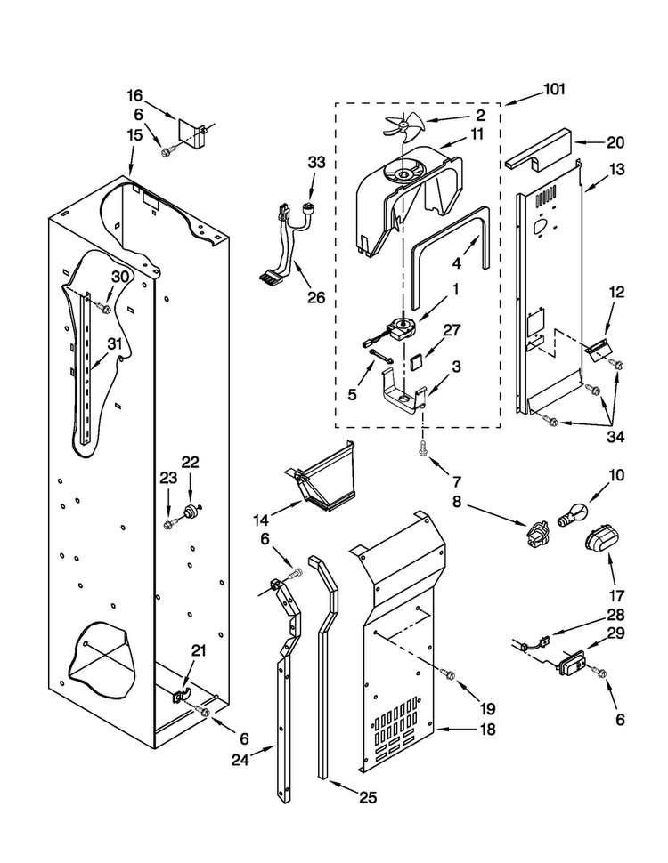 Freezer Liner And Air Flow Parts Diagram and Parts List for JS48NXFXDW01  Jenn-Air Refrigerator