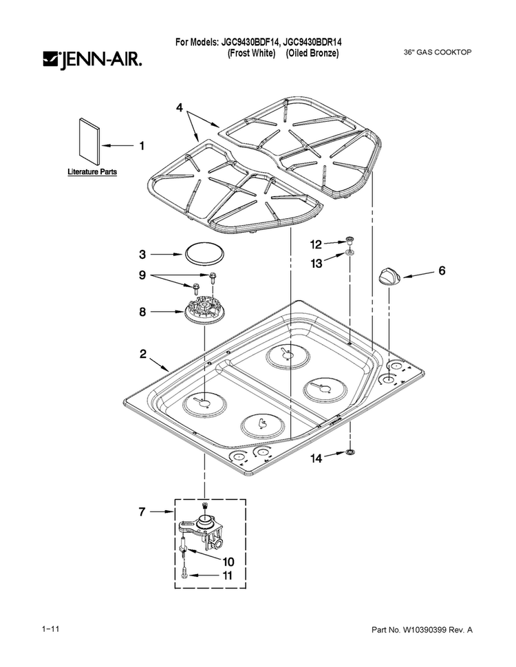 Cooktop, Burner And Grate Parts Diagram and Parts List for JGC9430BDF14  Jenn-Air Cooktop