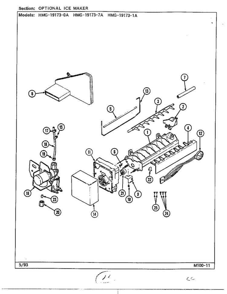 Optional Ice Maker Diagram and Parts List for 19173-0A  Admiral Refrigerator