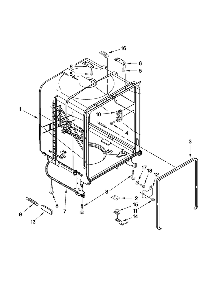 Tub And Frame Parts Diagram and Parts List for ADB1100AWS0  Amana Dishwasher