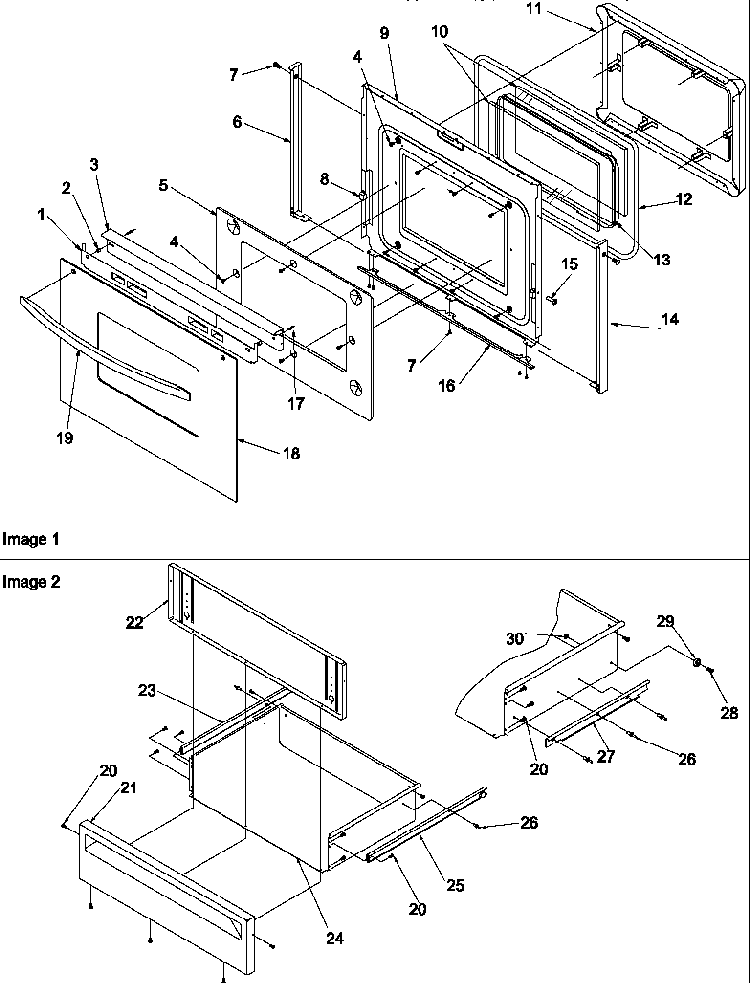 Oven Door & Storage Drawer Diagram and Parts List for ZRRSC8050E-P1130653NE  Amana Range
