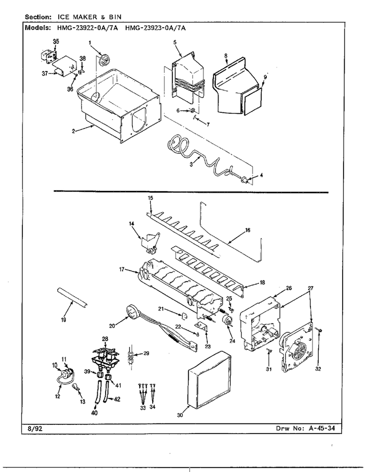 Ice Maker & Bin Diagram and Parts List for 23922-0A  Admiral Refrigerator