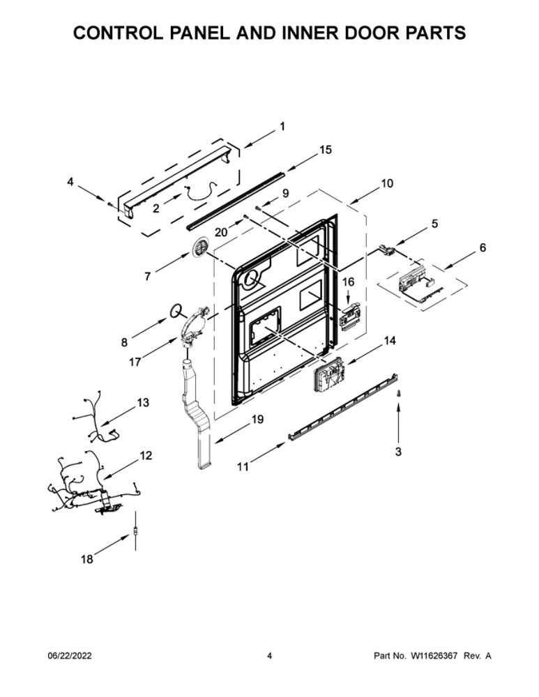 Control Panel And Inner Door Parts Diagram and Parts List for JDPSS246LM1  Maytag Dishwasher