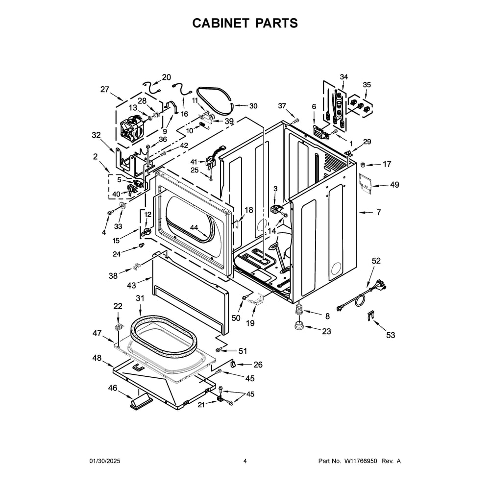 Cabinet Parts Diagram and Parts List for MDE20PDFZW0  Maytag Dryer