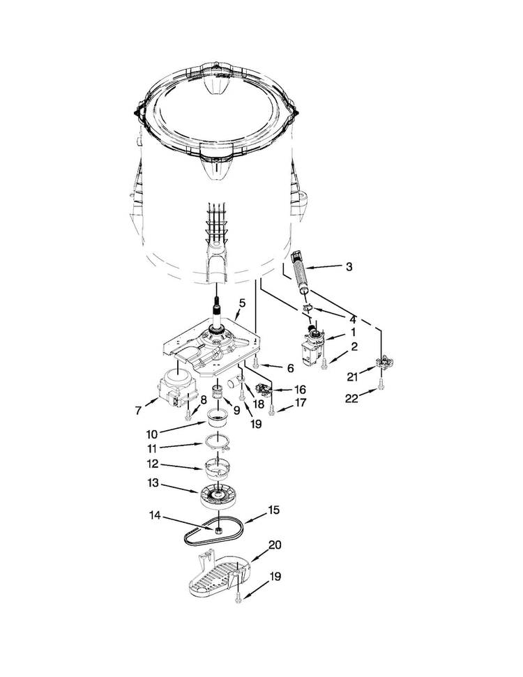 Gearcase, Motor And Pump Parts Diagram and Parts List for 4GMVWC100YQ1  Maytag Washer