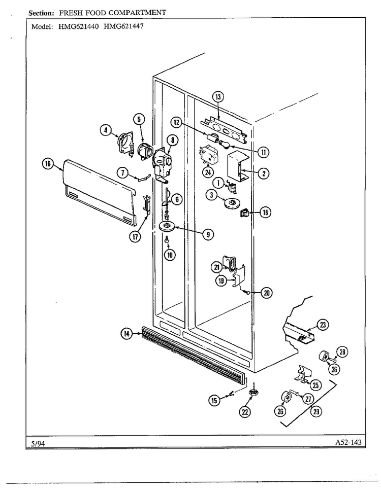 Fresh Food Compartment Diagram and Parts List for 621447  Admiral Refrigerator