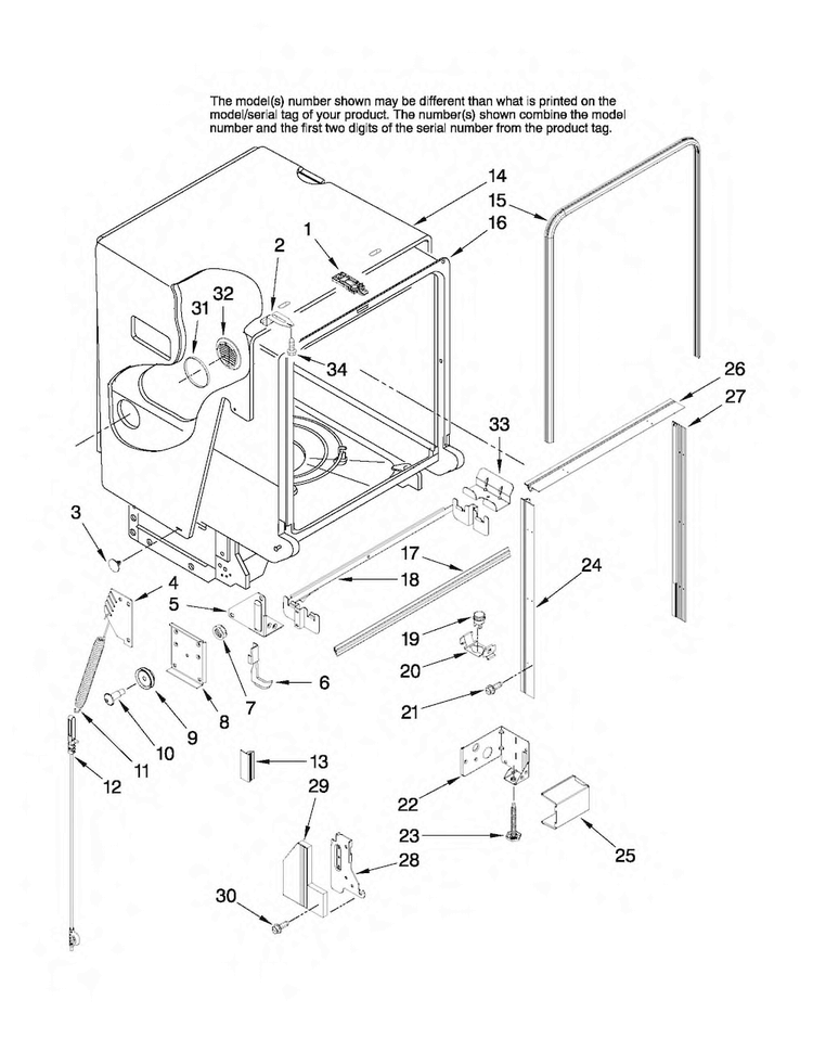 Tub And Frame Parts Diagram and Parts List for MDB7851AWQ0  Maytag Dishwasher
