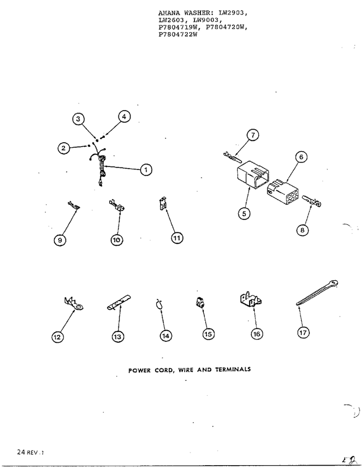 Power Cord, Wire And Terminals Diagram and Parts List for P7804719W  Amana Washer