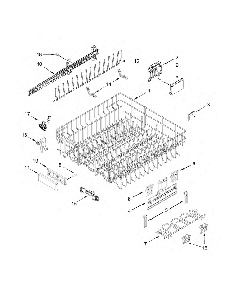 Upper Rack And Track Parts Diagram and Parts List for JDB9000CWP2  Jenn-Air Dishwasher