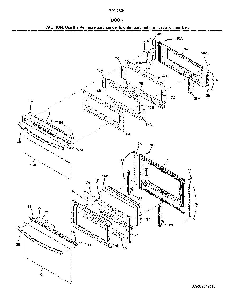 Door Diagram and Parts List for 79078042414  Kenmore Range