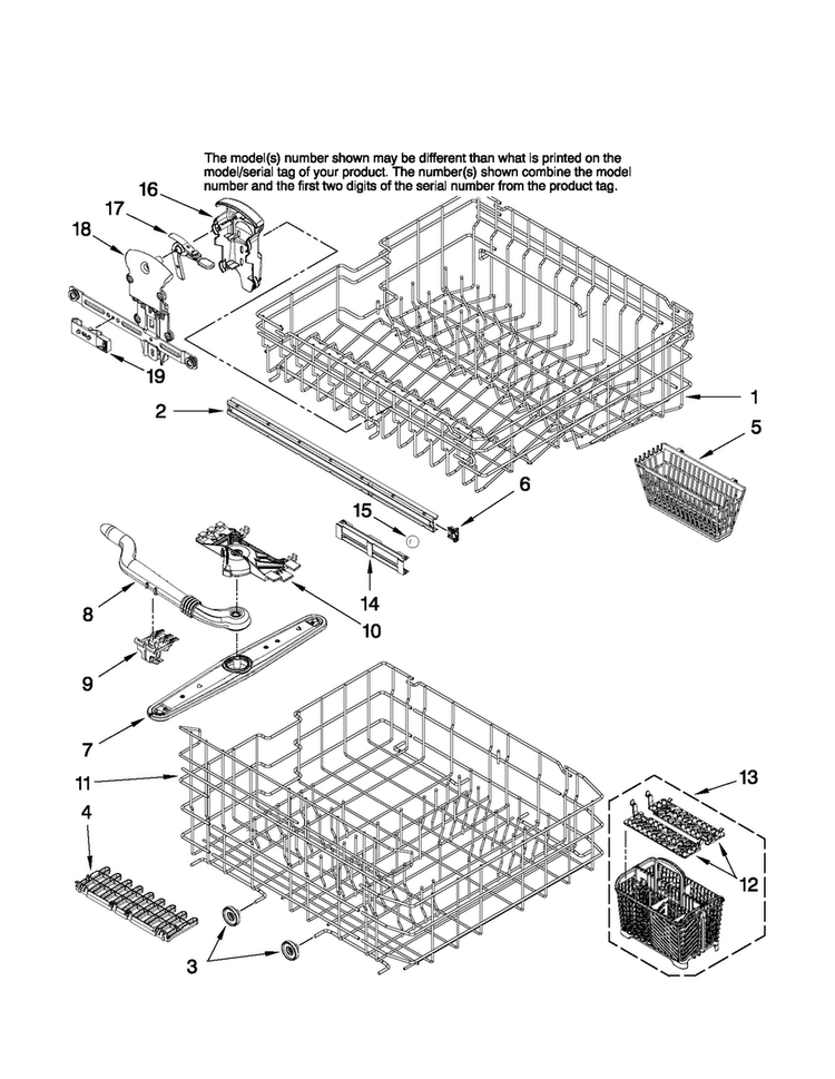 Upper And Lower Rack Parts Diagram and Parts List for JDB1275AWF44  Jenn-Air Dishwasher