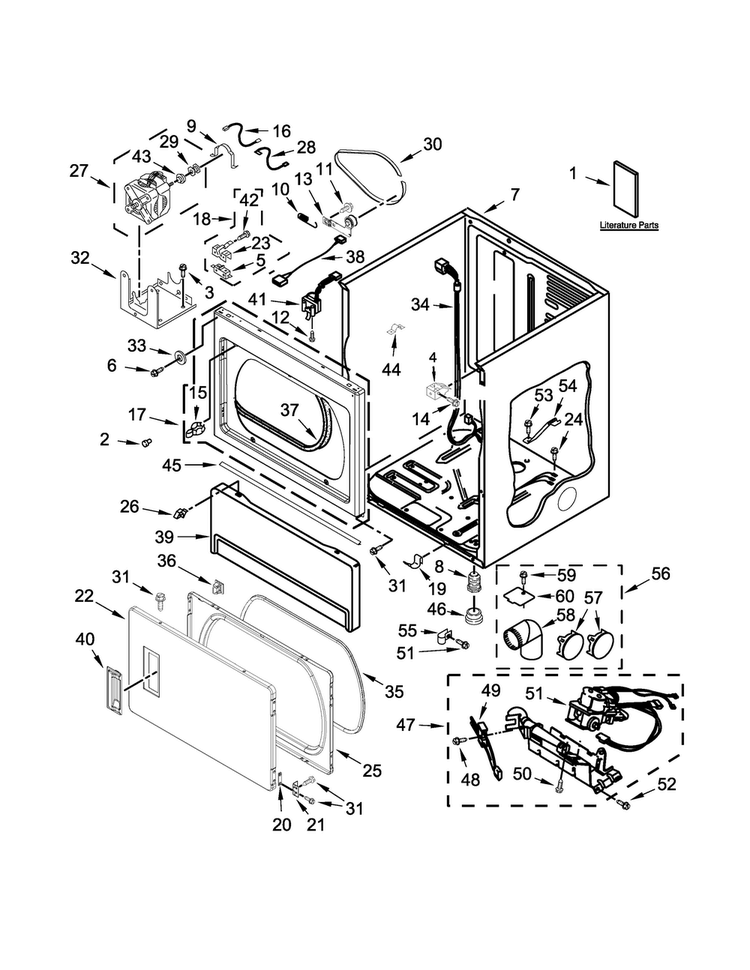 Lower Cabinet And Front Panel Parts Diagram and Parts List for MLG26PRBWW0  Maytag Dryer