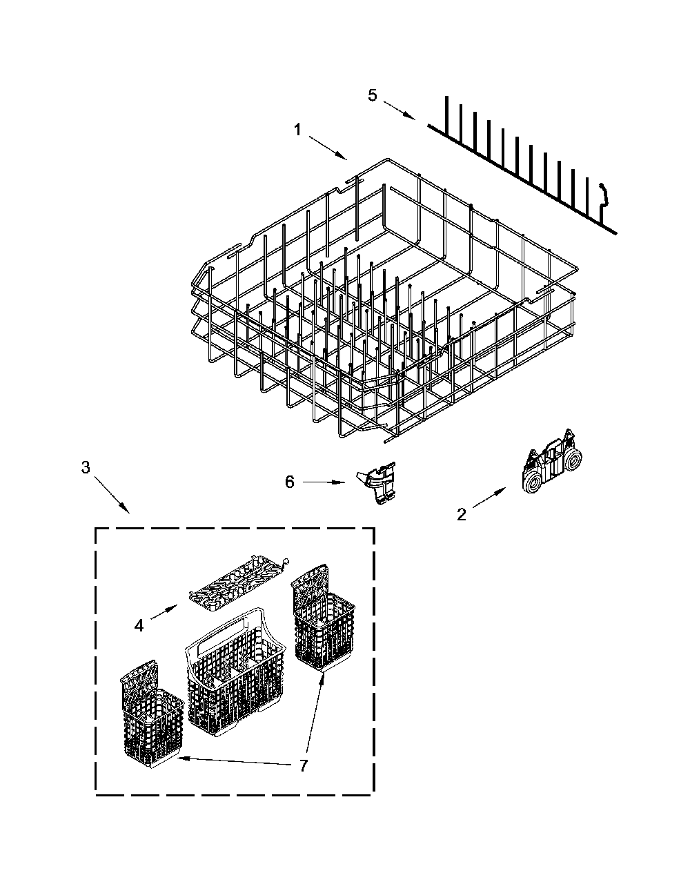 Lower Rack Parts Diagram and Parts List for 66514749N511  Kenmore Dishwasher
