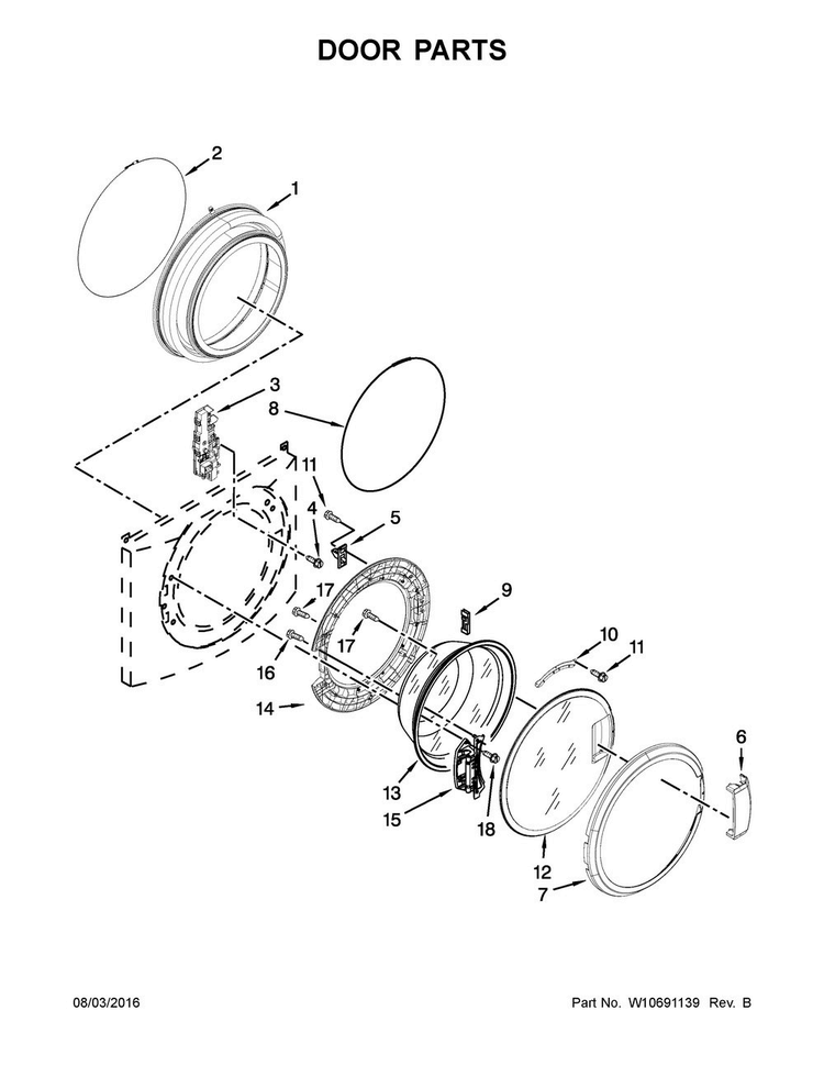 Door Parts Diagram and Parts List for MHN33PDCGW0  Maytag Washer