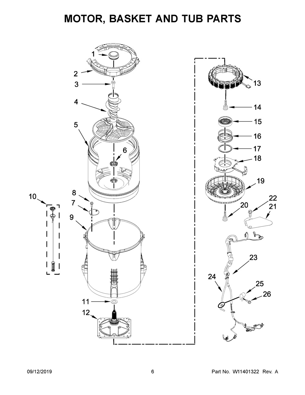 Motor, Basket And Tub Parts Diagram and Parts List for MVWB865GW1  Maytag Washer