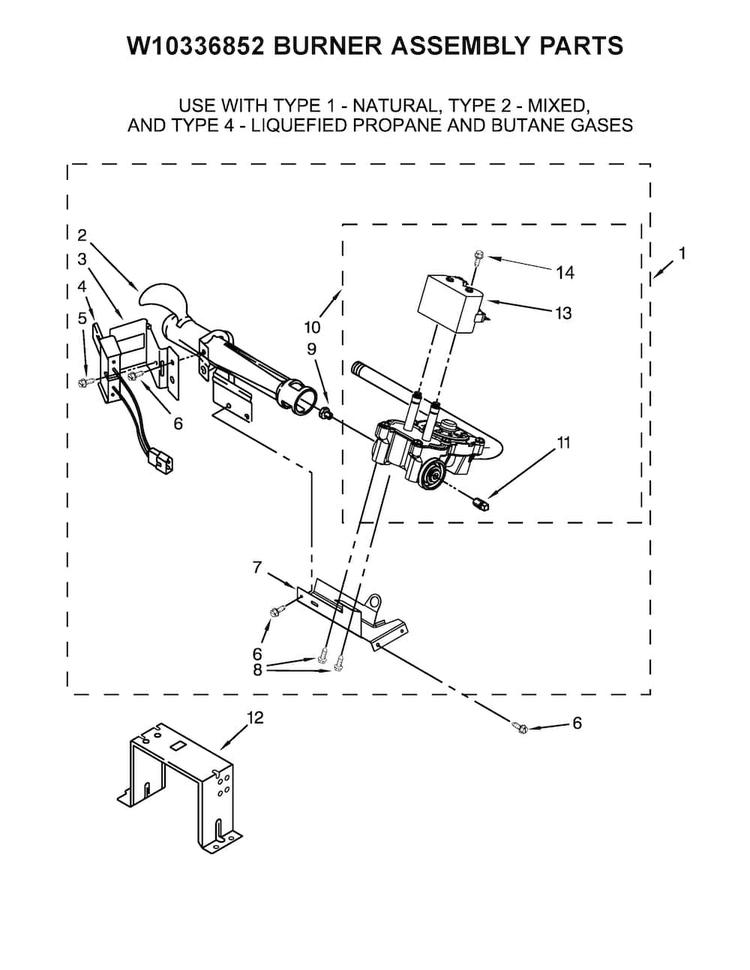 W10336852 Burner Assembly Parts Diagram and Parts List for MGDB755DW3  Maytag Dryer