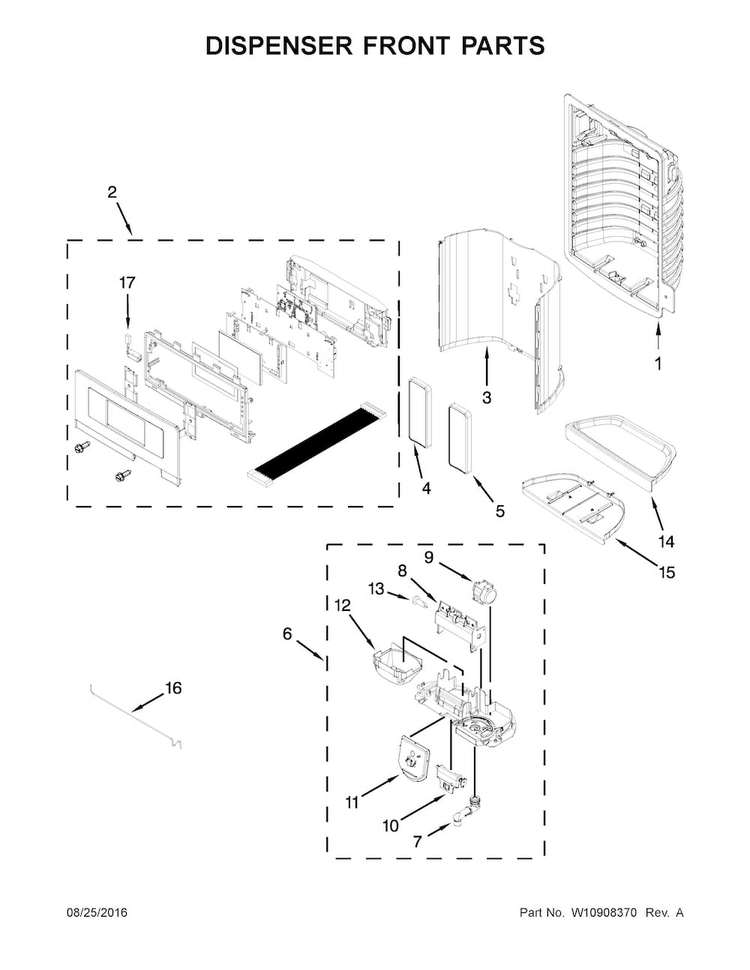 Dispenser Front Parts Diagram and Parts List for MFI2570FEE01  Maytag Refrigerator