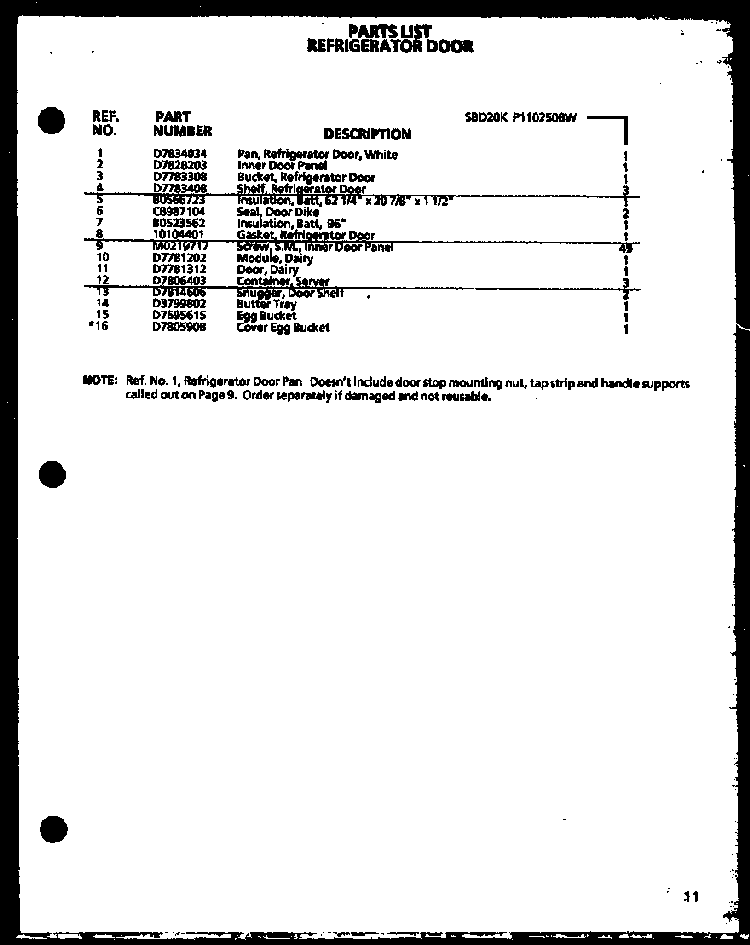 Refrigerator Door Diagram and Parts List for SBD20K-P1102508W  Amana Refrigerator