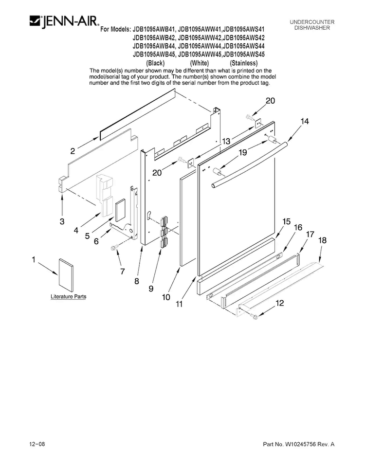 Door And Panel Parts Diagram and Parts List for JDB1095AWS41  Jenn-Air Dishwasher