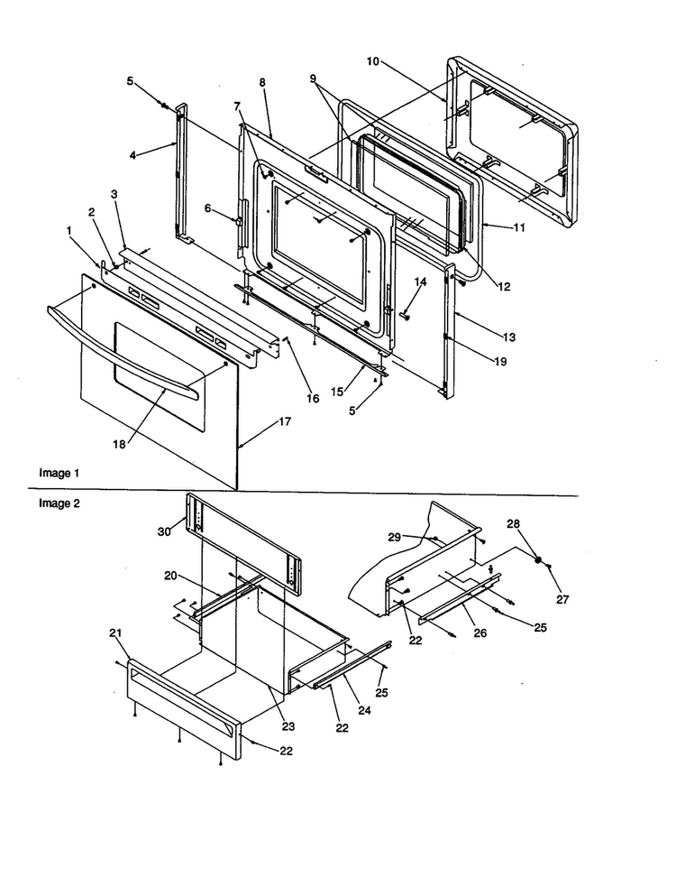 Oven Door And Storage Drawer Diagram and Parts List for ZRTC8500E-P1143803NE  Amana Range