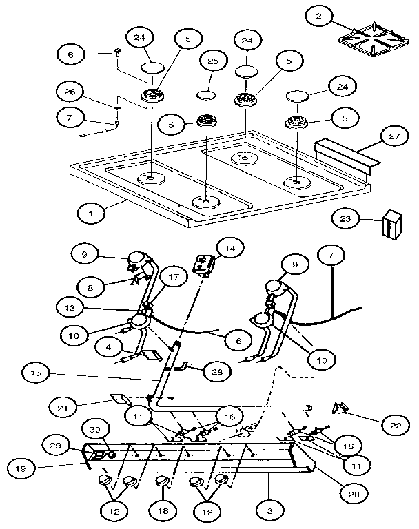 Upper Burner Section Diagram and Parts List for RLT365U  Caloric Range