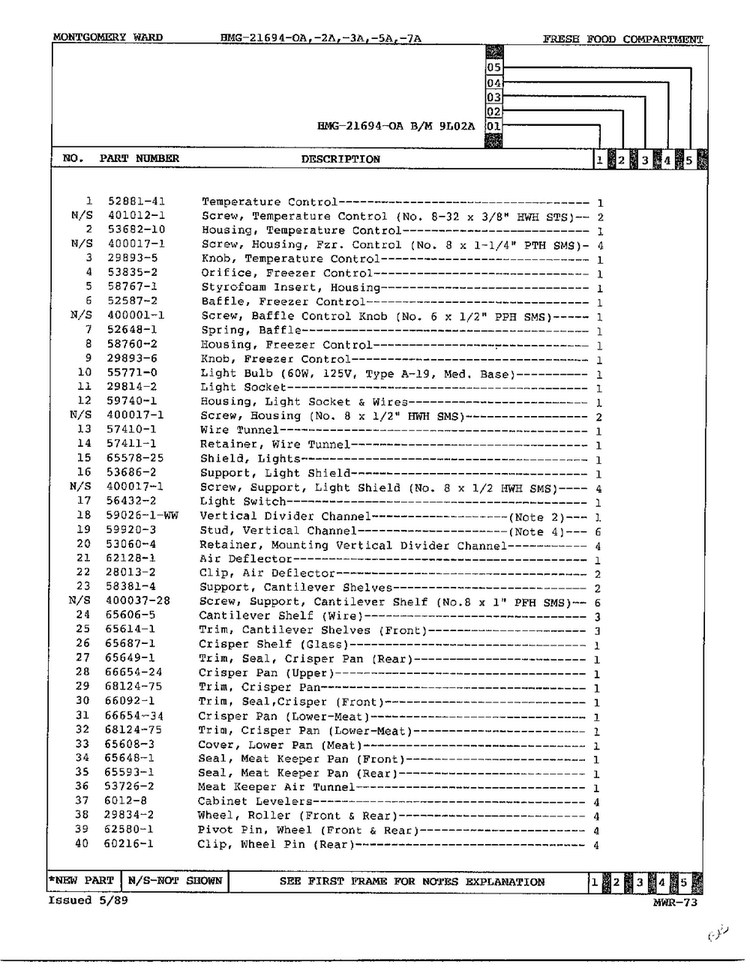 Fresh Food Compartment Page 2 Diagram and Parts List for 21694A  Admiral Refrigerator