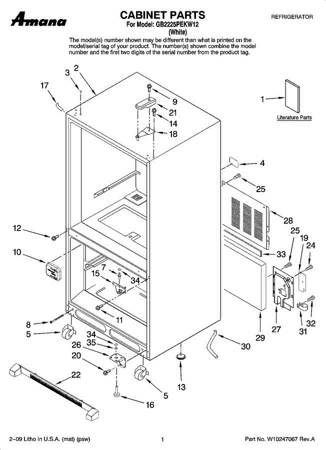 01 - Cabinet Parts Diagram and Parts List for GB2225PEKW12  Amana Refrigerator