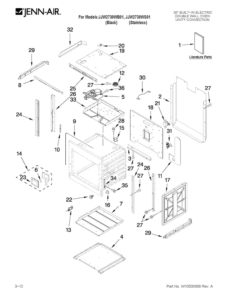 Upper Oven Parts Diagram and Parts List for JJW2730WS01  Jenn-Air Wall Oven