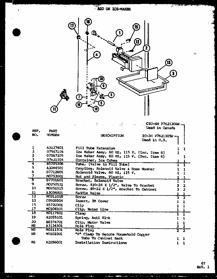 (ic-3h/p7621305w) (cic-4h/p7621306w) Diagram and Parts List for TM20J-P7739008W  Amana Refrigerator