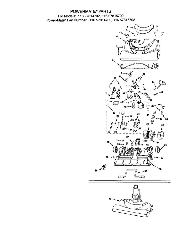 Powermate Diagram and Parts List for 11627814702  Kenmore Canister Vacuum
