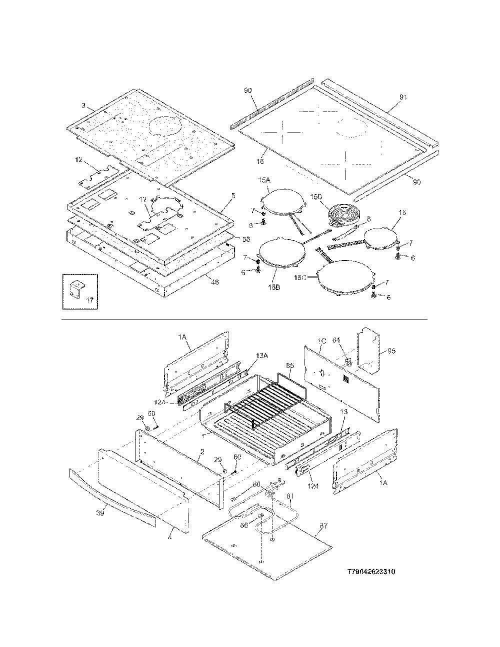 Top/Drawer Diagram and Parts List for 79042623313  Kenmore Range