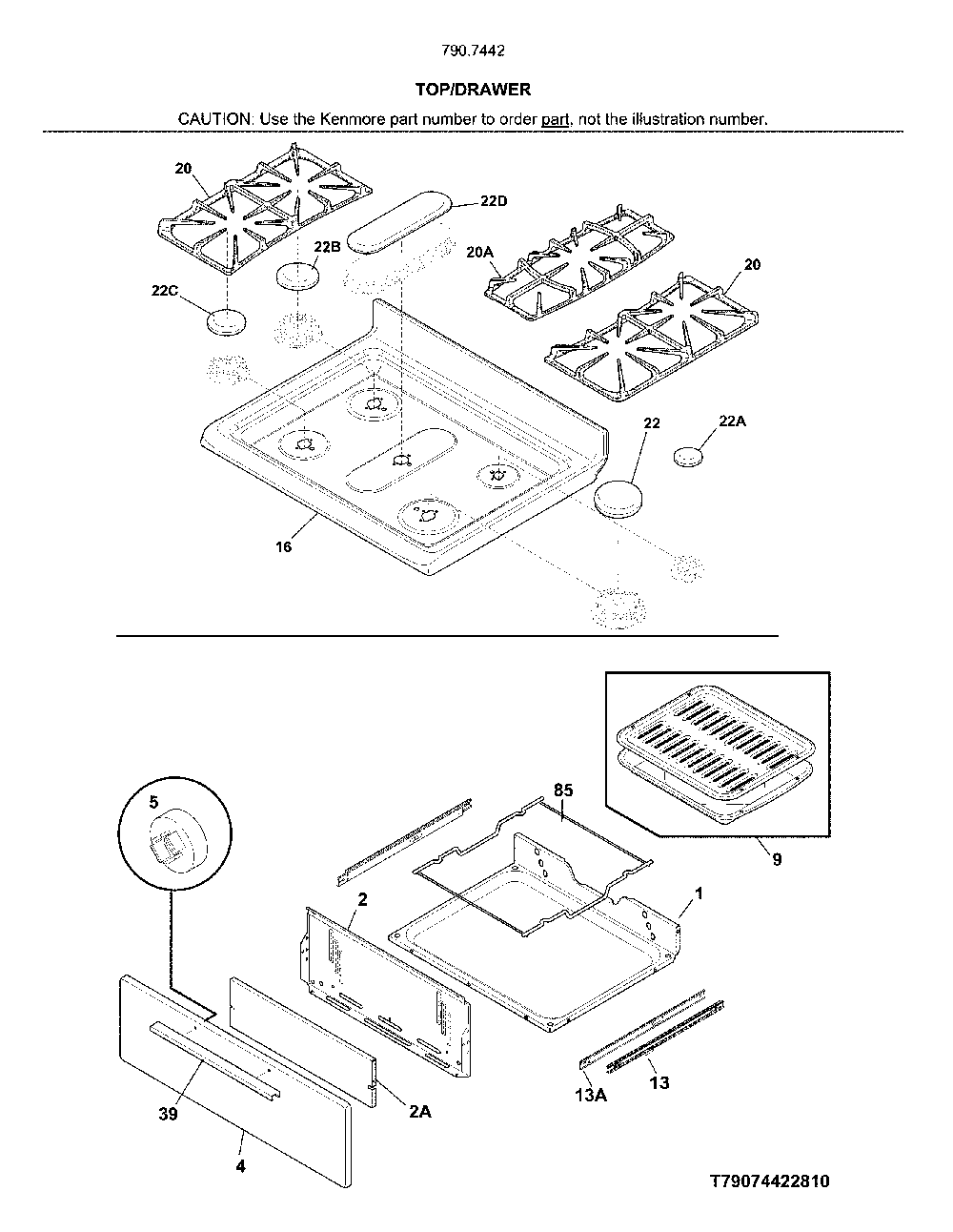 Top/Drawer Diagram and Parts List for 79074429810  Kenmore Range