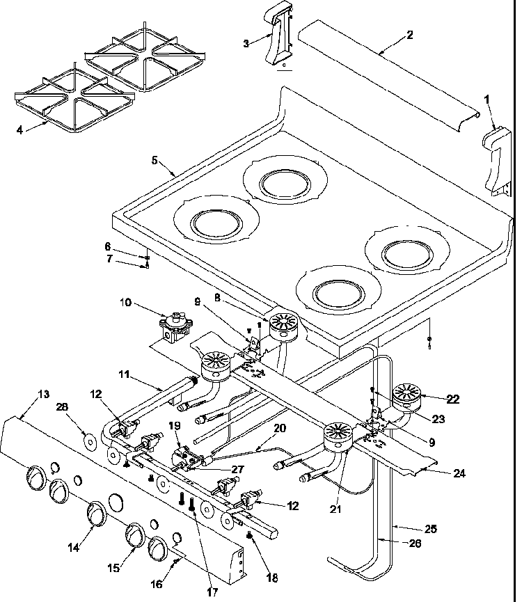 Main Top And Backguard Diagram and Parts List for ARO3100L-P1143334NL  Amana Range