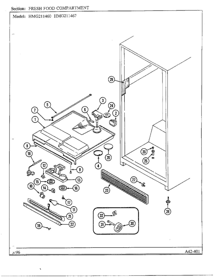 Fresh Food Compartment Diagram and Parts List for HMG211460  Admiral Refrigerator
