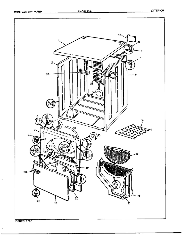 Gas Dryer Exterior Assembly Diagram and Parts List for 8215A REV A Norge Dryer