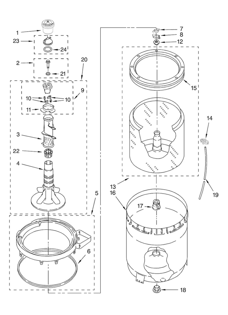 Agitator, Basket And Tub Parts Diagram and Parts List for 7MMPS0070VM1  Maytag Washer