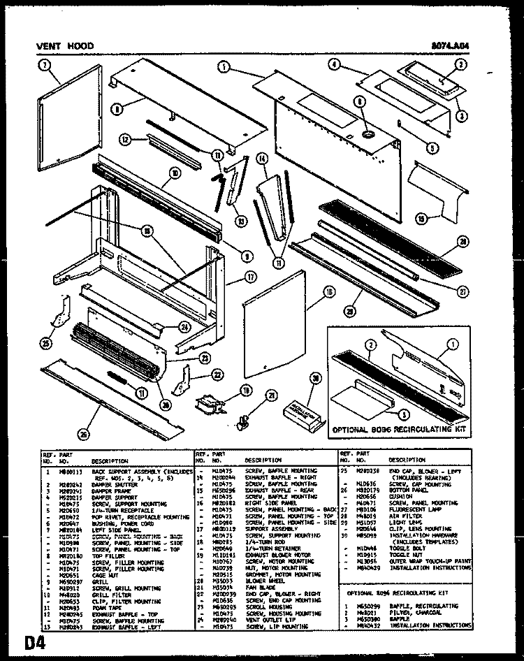 VENT HOOD Diagram and Parts List for 8074A04  Amana Microwave