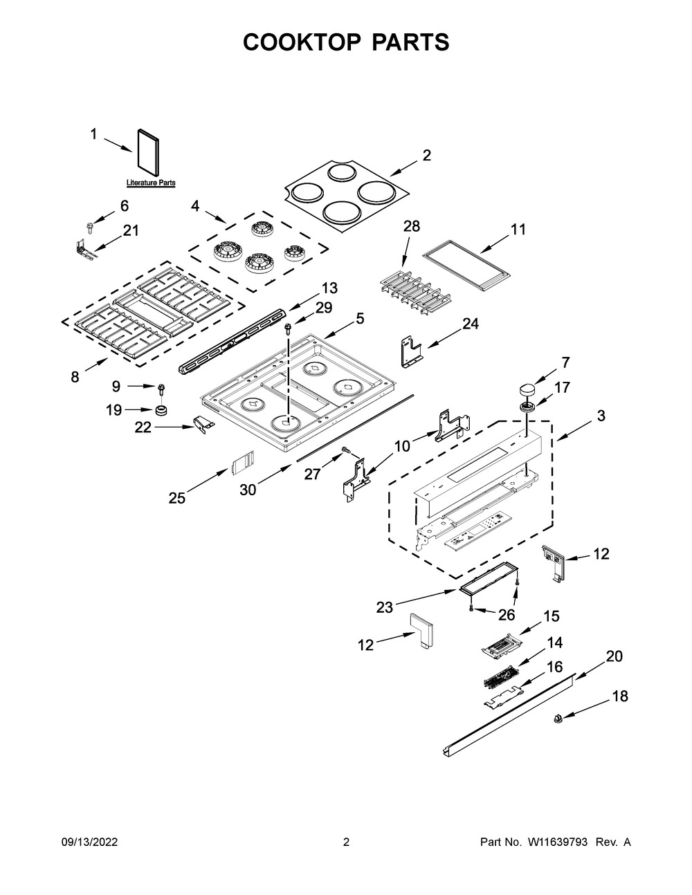 Cooktop Parts Diagram and Parts List for JDS1750ML0  Jenn-Air Range