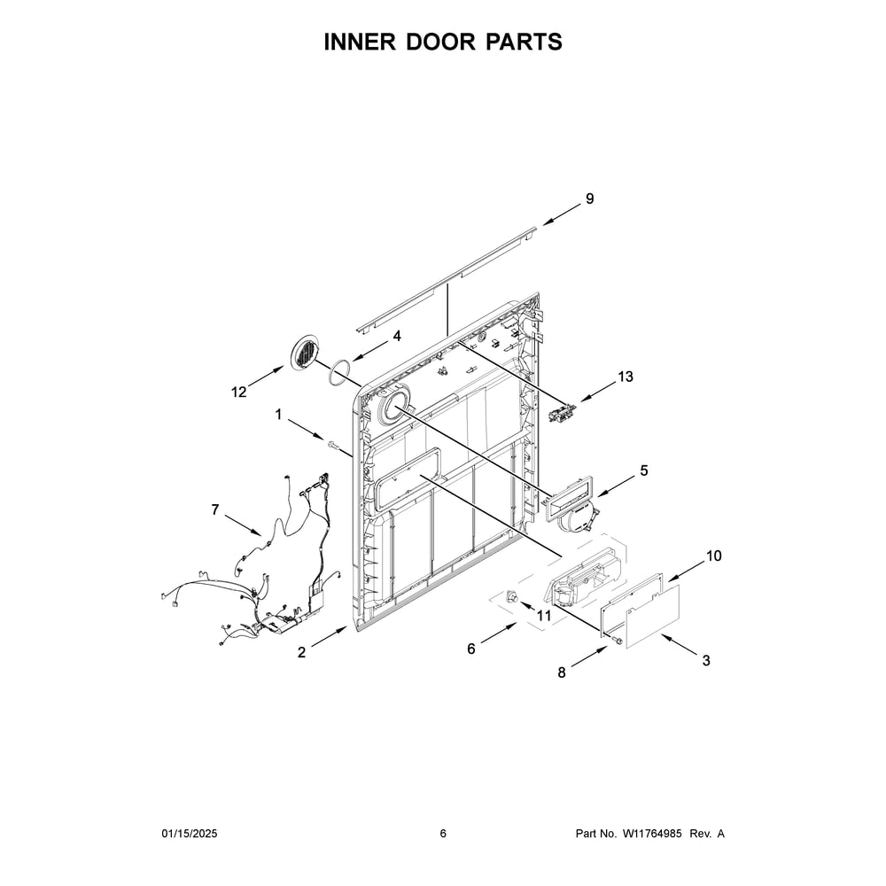 Inner Door Parts Diagram and Parts List for ADFS2524RZ0  Amana Dishwasher