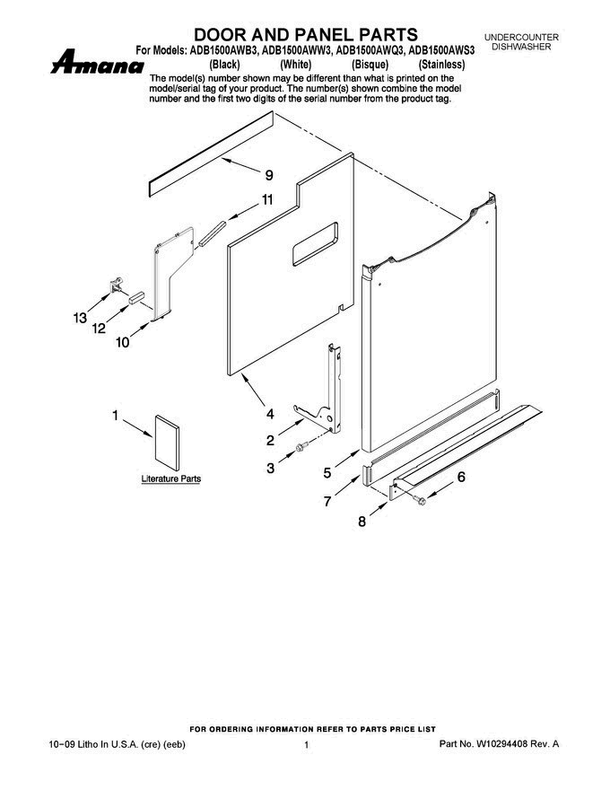 01 - Door And Panel Parts Diagram and Parts List for ADB1500AWS3  Amana Dishwasher