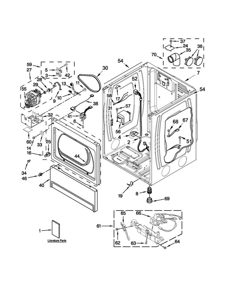 Lower Cabinet And Front Panel Parts Diagram and Parts List for MLG24PDAGW4  Maytag Dryer