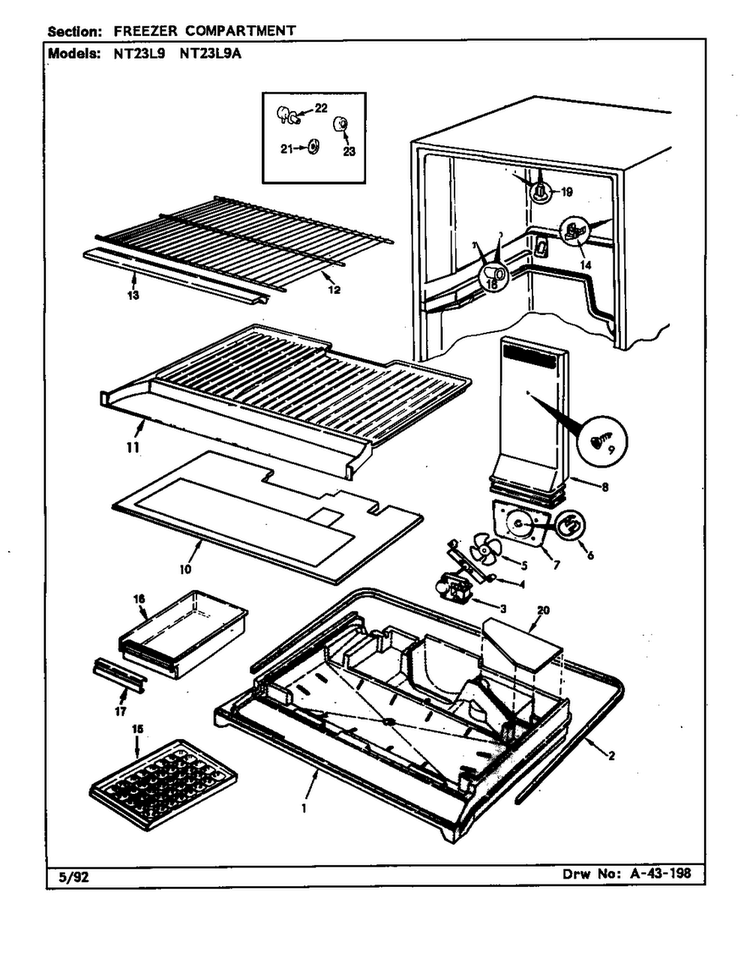 Freezer Compartment Diagram and Parts List for NT23L9A BA98C Admiral Refrigerator