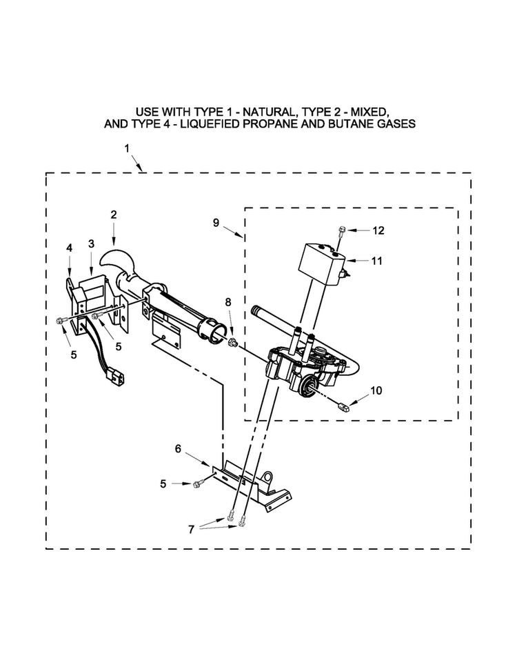 Burner Assembly Parts Diagram and Parts List for NGD4700YQ1  Amana Dryer