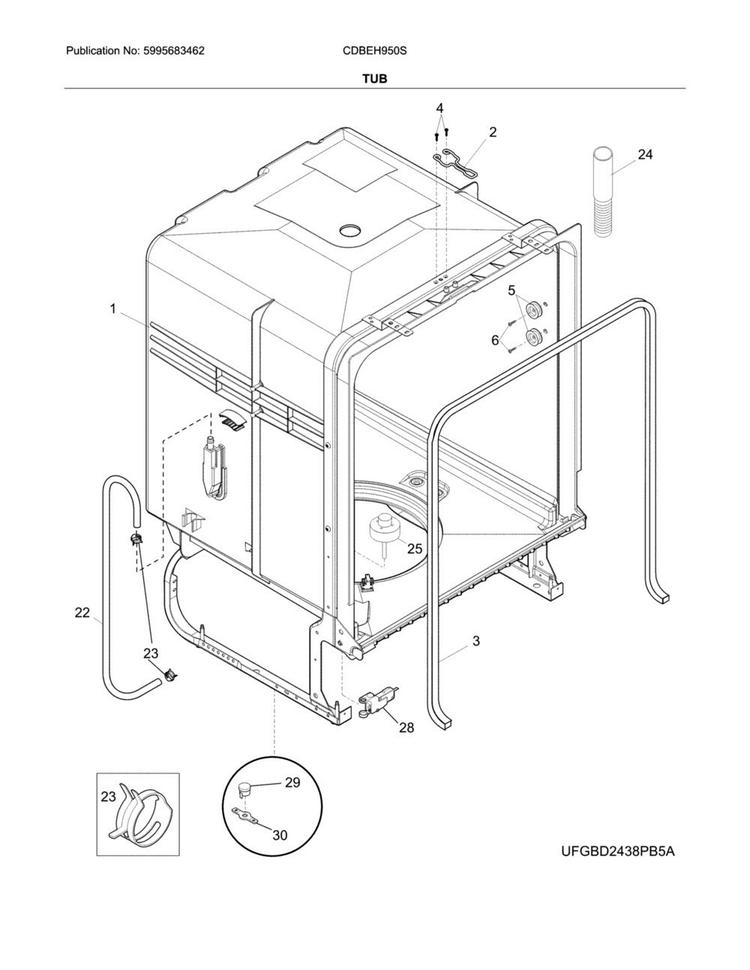 Tub Diagram and Parts List for CDBEH950SW1A  Crosley Dishwasher
