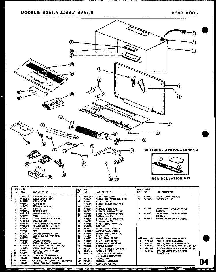 VENT HOOD Diagram and Parts List for 8294A  Amana Microwave