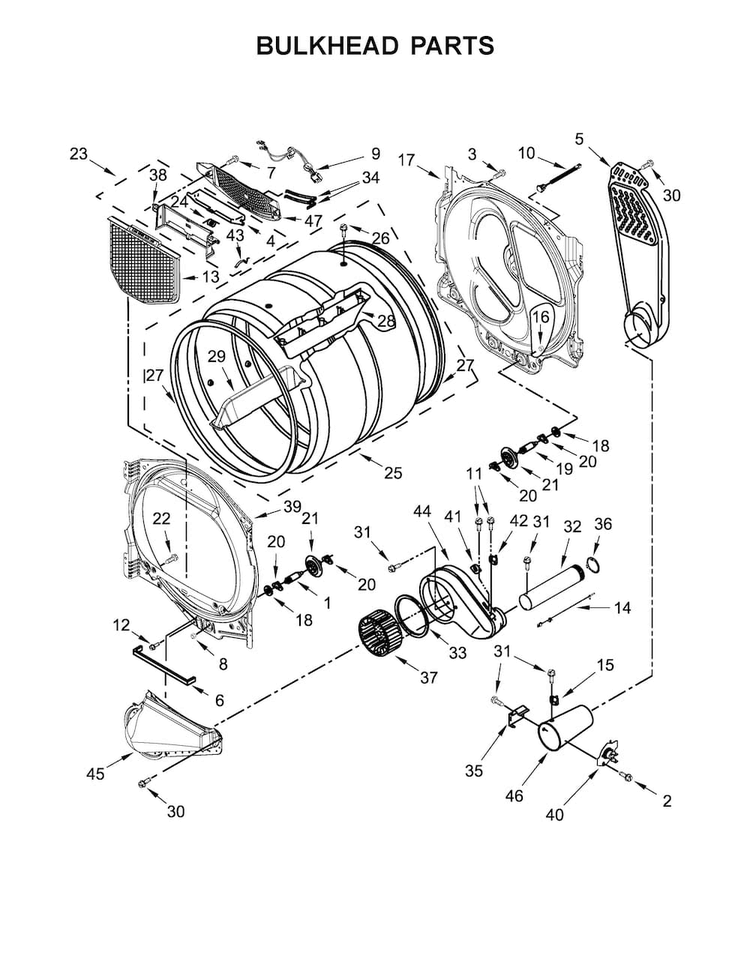 Bulkhead Parts Diagram and Parts List for MGDB835DW0  Maytag Dryer