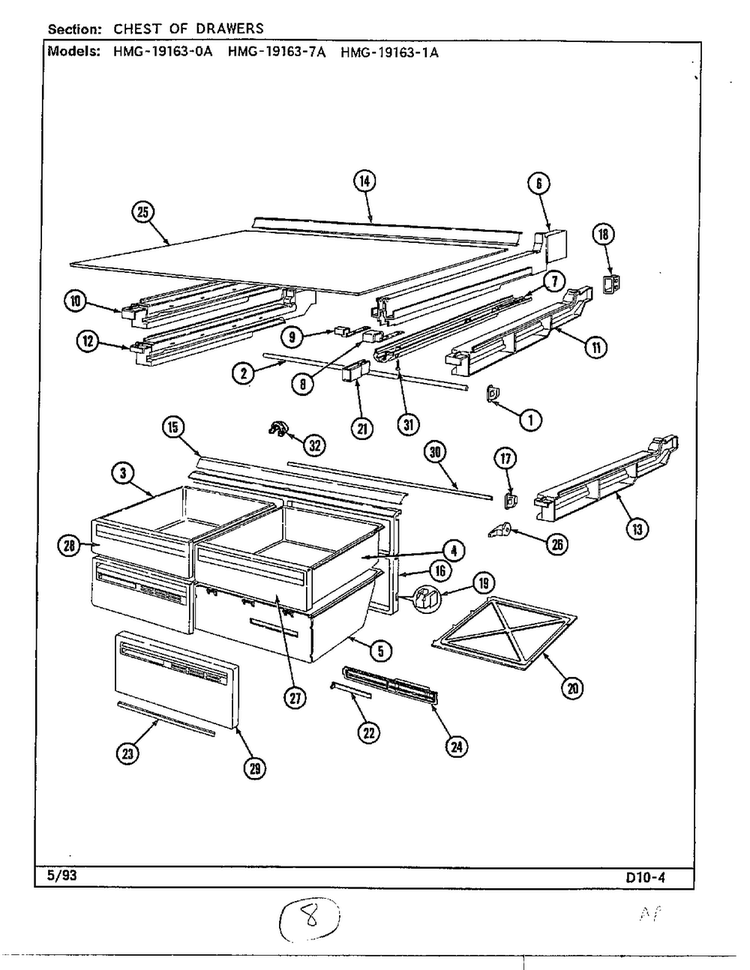 Chest Of Drawers Diagram and Parts List for 19163-0A  Admiral Refrigerator