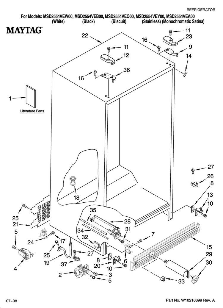 Cabinet Parts Diagram and Parts List for MSD2554VEA00  Maytag Refrigerator